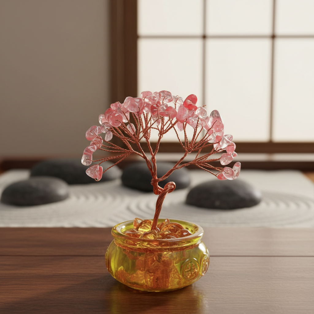 天然水晶草莓晶发财树(聚宝盆款)水晶文创工艺品