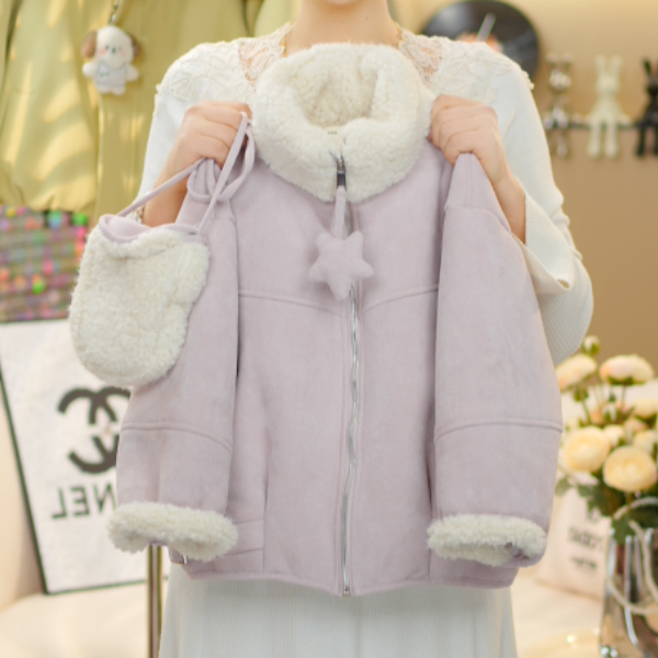 2025女童冬季新款浅紫色洋气百搭防风加厚保暖毛绒绒外套儿童8886