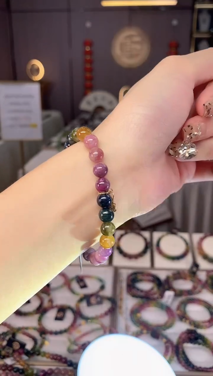 未镶嵌老矿碧玺色标彩虹单圈手串7mm+碧玺dan多样性发货一条