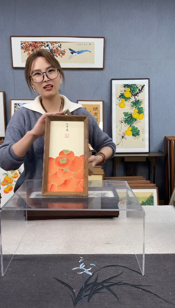 【闪购商品】国画手写手绘带框作品-16*29-柿子