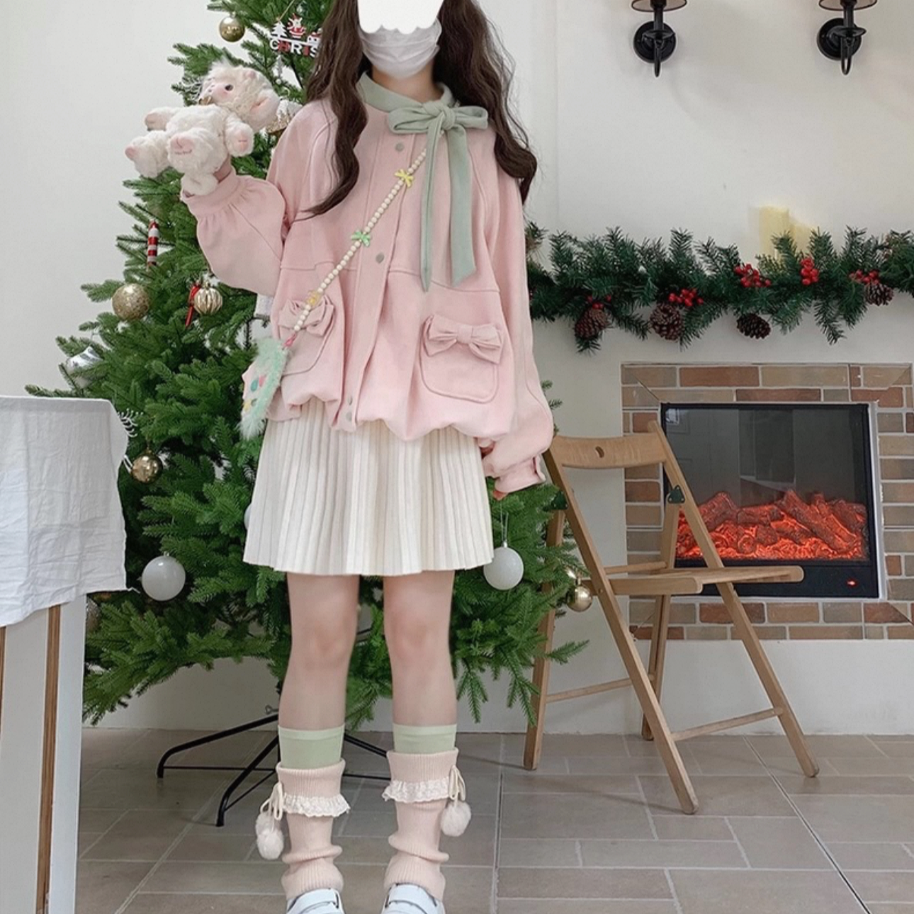 甜美风撞色蝴蝶结花苞外套女秋冬新款小个子减龄花苞短裙两件套装