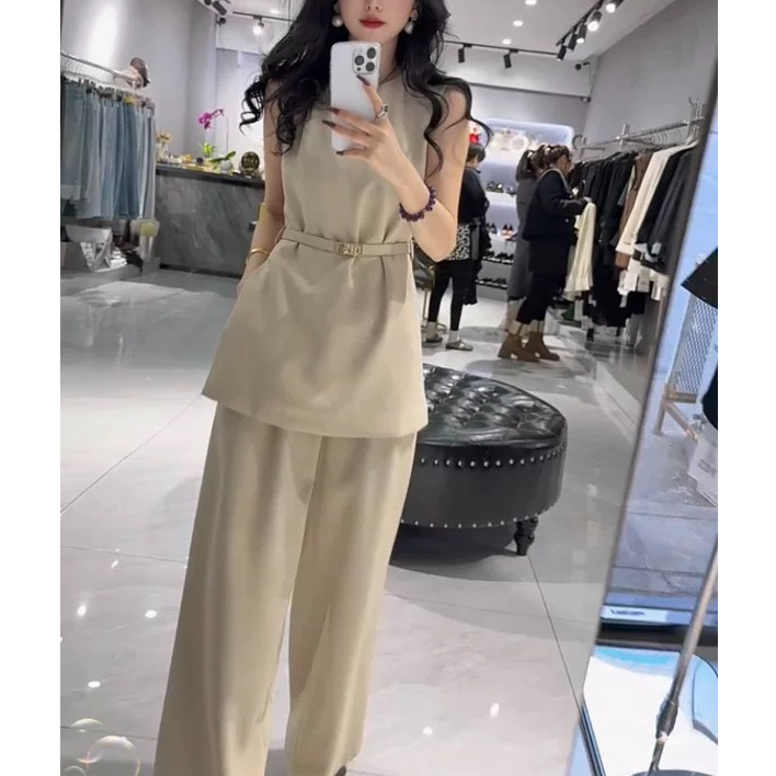 【锦衣服饰】CNGZ 8623 韩系系带收腰无袖圆领上衣阔腿裤套装