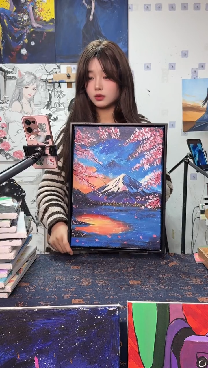 丙烯画小****4樱花富士山丙烯画y