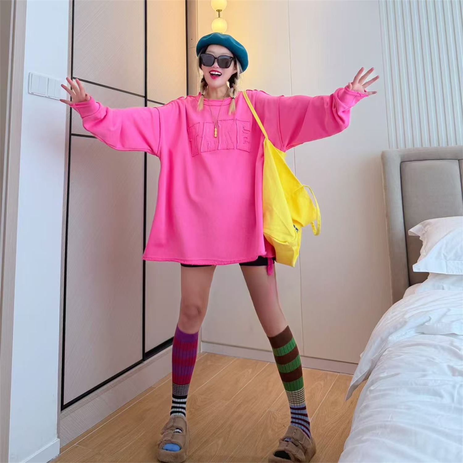 欧货秋冬季宽松大码刺绣字母中长款长袖T恤女bf慵懒风显瘦打底衫 