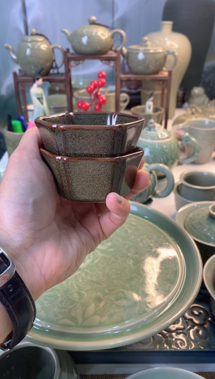 耀州窑033025 茶叶末釉六方杯 两个