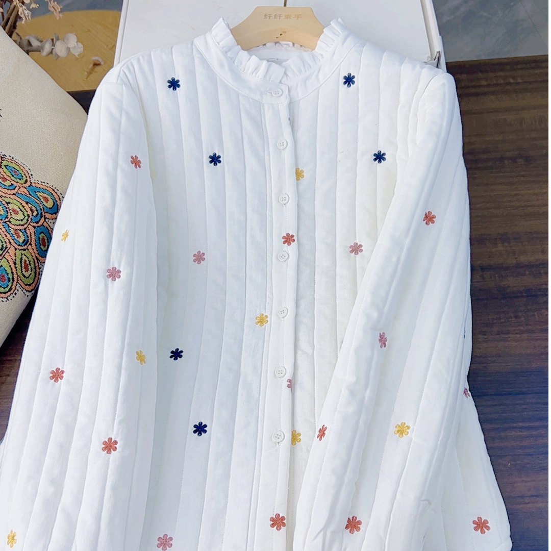 玉1-CS1313刺绣小花常规款花边领厚款女棉衣夹棉上衣加厚女士衬衫