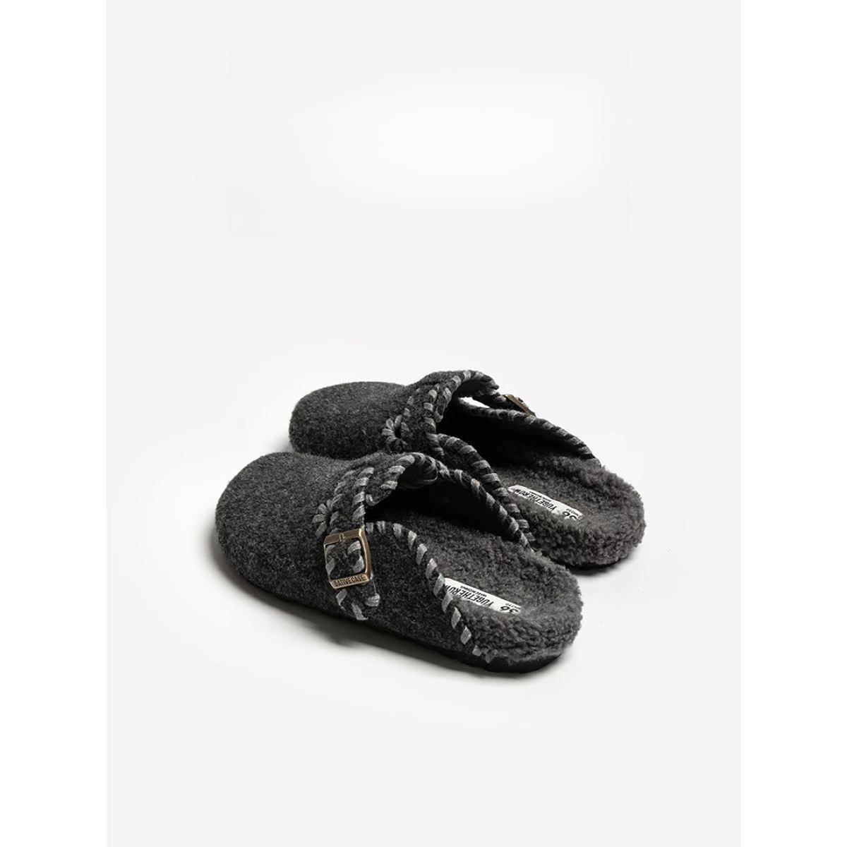 三福新款厚底加绒加厚勃肯鞋女2025年冬季外穿毛呢保暖毛毛棉拖鞋