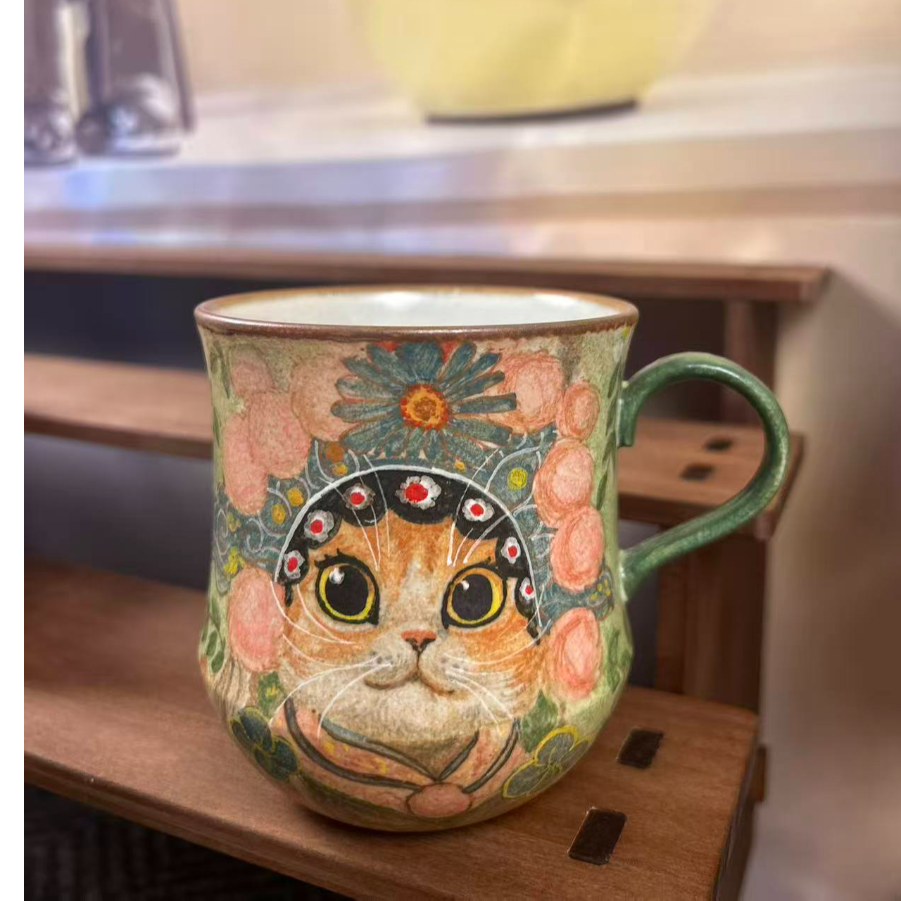 手绘猫咪陶瓷马克杯复古花卉咖啡杯创意杯