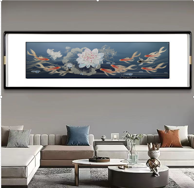 铜小鸭《荷花九鱼》手工铜板雕刻 荷花九鱼卧室背景 茶室装饰画 