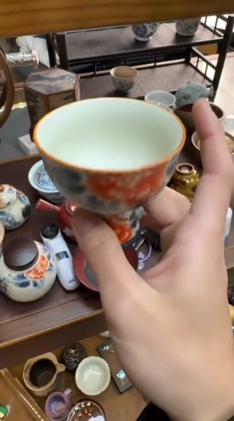 摆件陶茶具茶具茶具火石红高足杯蝴蝶