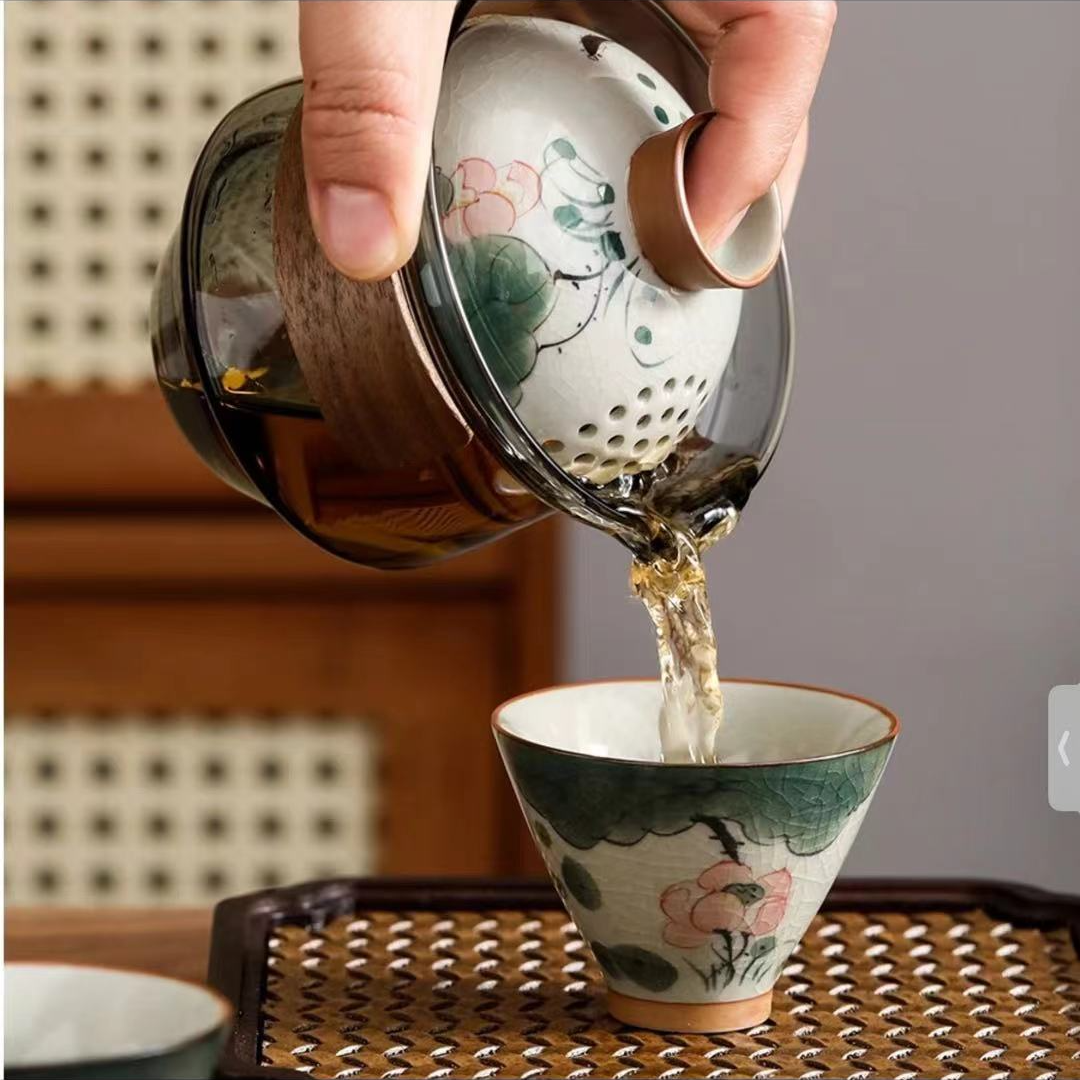 【沉鱼】手绘荷花釉下彩玻璃便携式旅行茶具快客杯手抓壶套装B0383