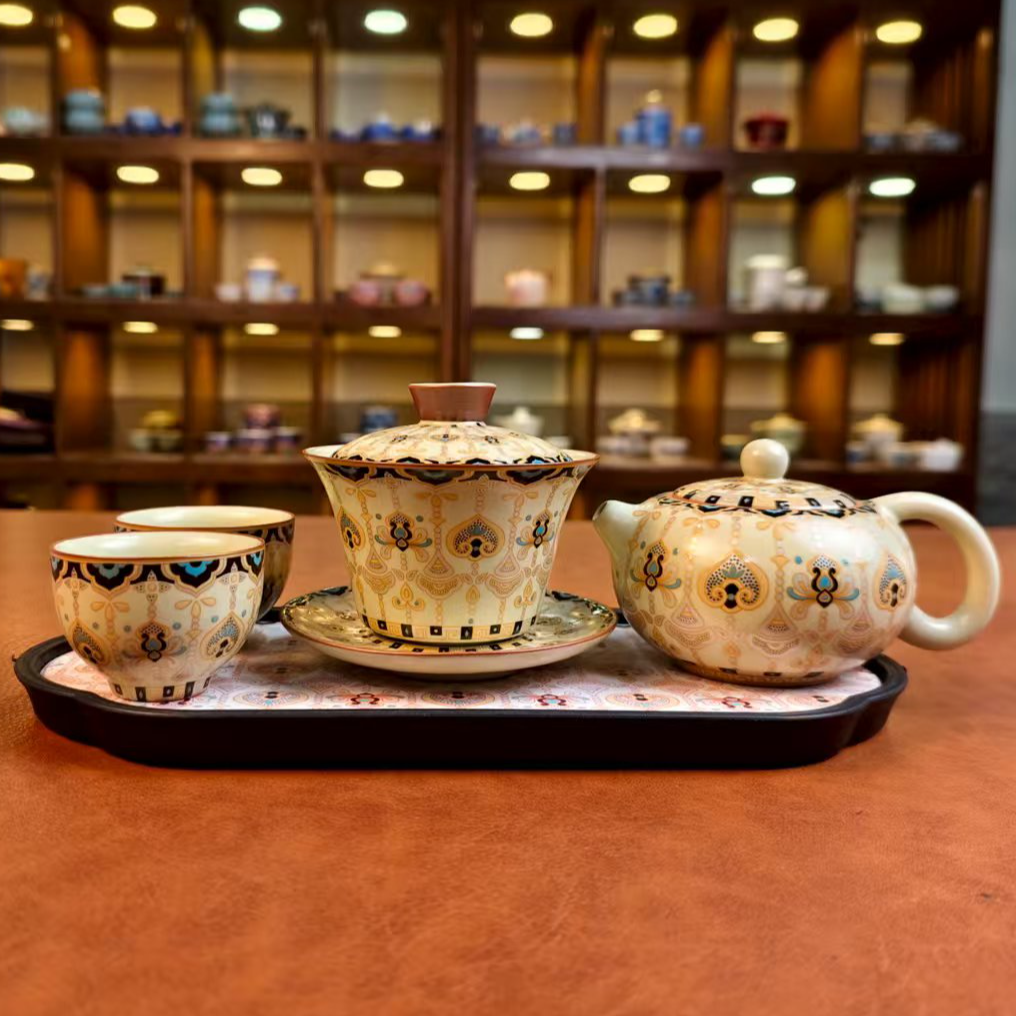 敦煌文创唐卡米黄汝窑茶具套组高档送礼 MC026