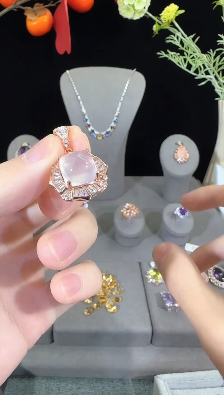 银S925镶嵌颈饰芙蓉石10mm星光粉水晶