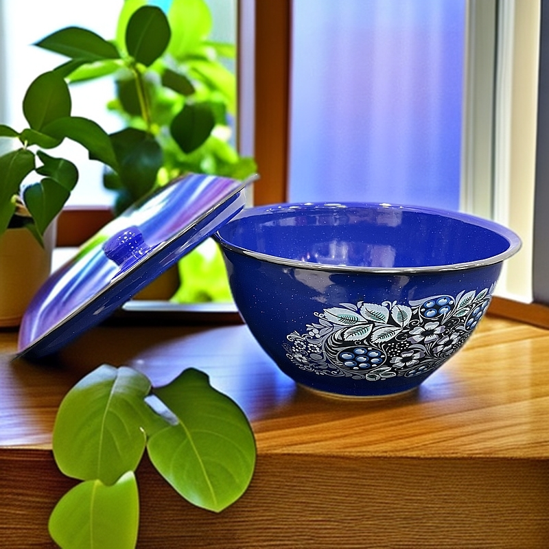 新疆包邮【蓝白点盛菜碗】搪瓷盖碗加厚面碗带盖汤碗猪油盆泡面饭碗