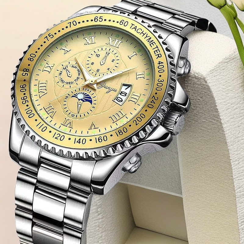 【新春补贴】--junyu三眼六针黄盘--全新夜光防水商务手表男款-32