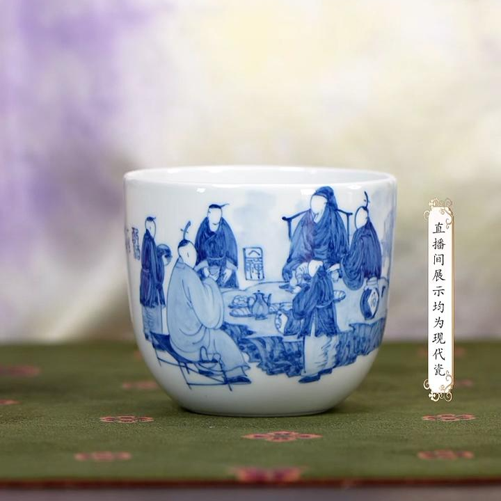 【小乔赏瓷】古聿老友珍玩青花无相人物大直筒杯酌酒guyu4