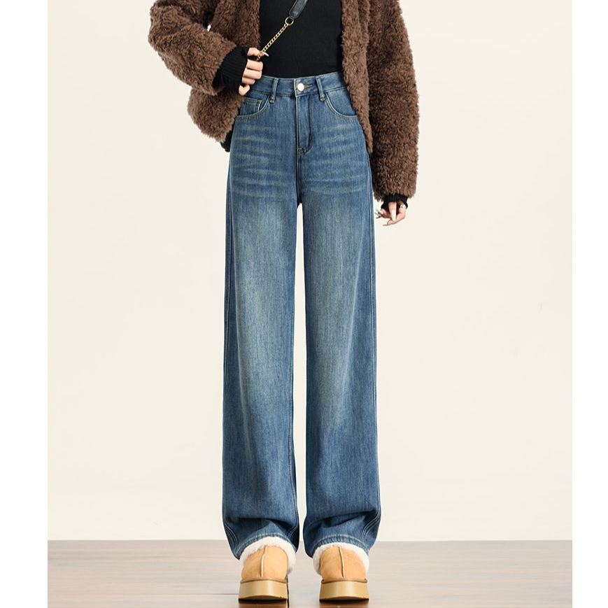 复古加绒加厚窄版阔腿牛仔裤女2025秋冬高腰显瘦小个子直筒拖地裤
