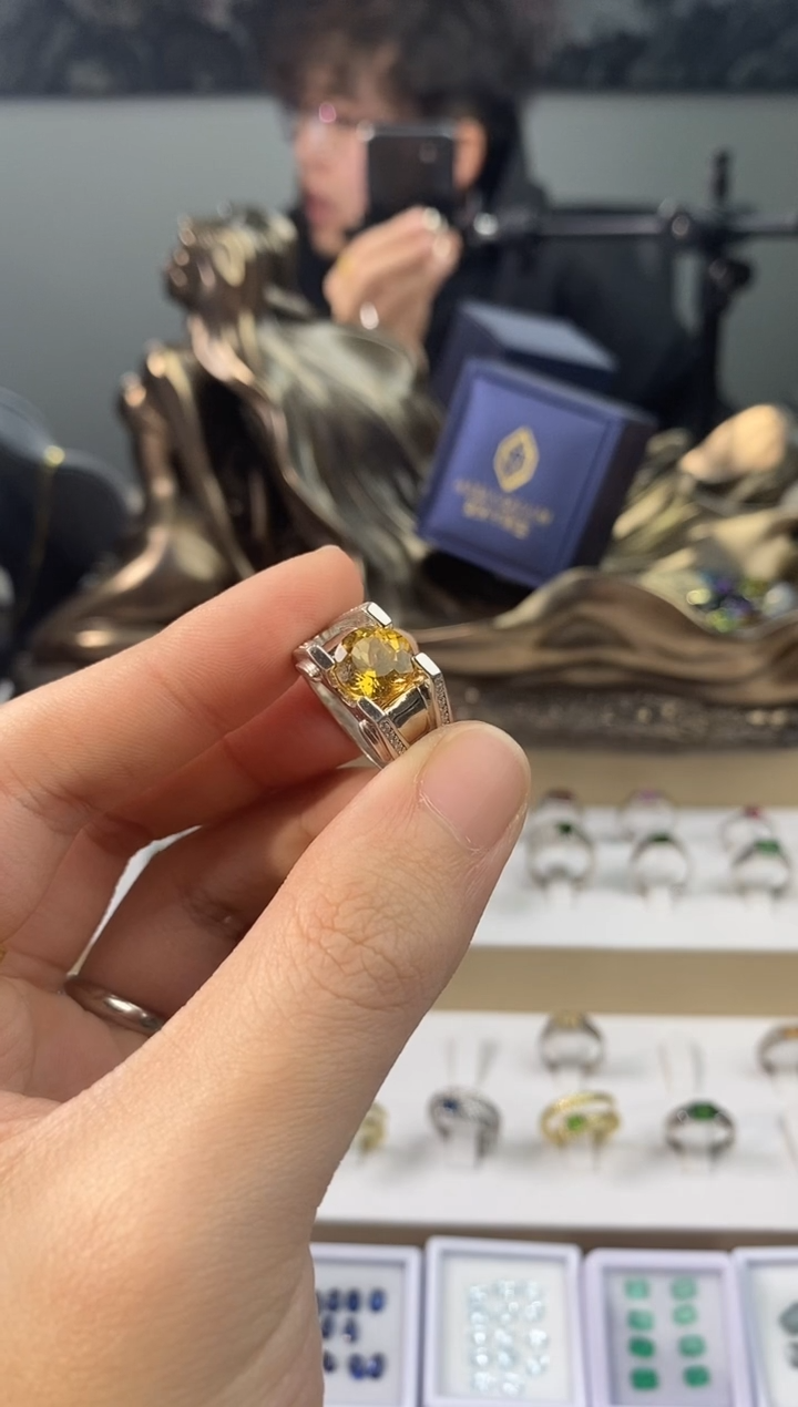 【闪购商品】黄晶戒指银S925镶嵌闭口戒圈拍下备注圈口号