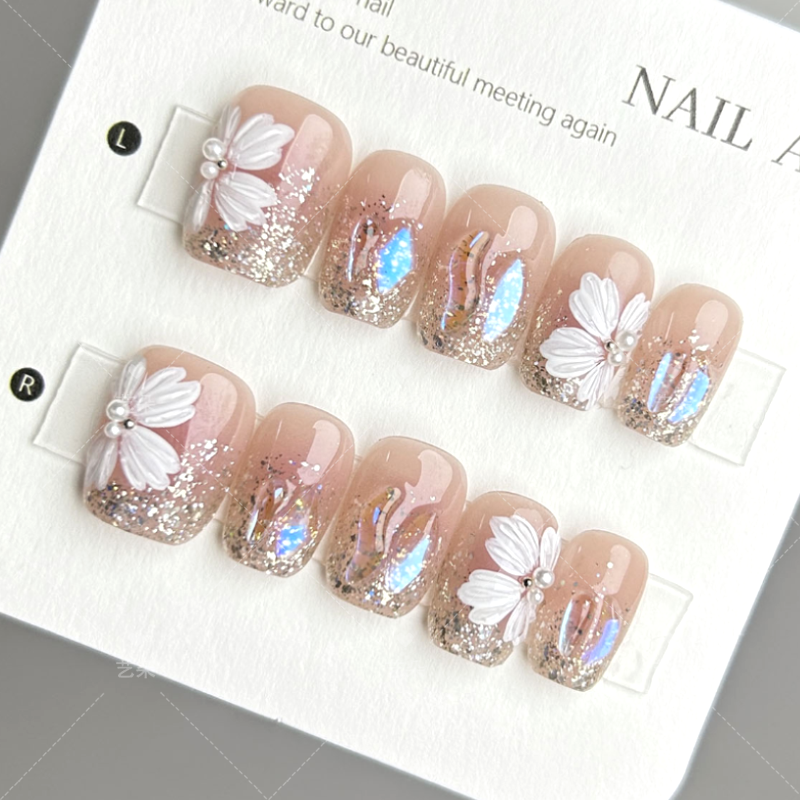 【极光冰花】美甲穿戴甲短款纯手工制作显白气质款指甲油胶极光钻款