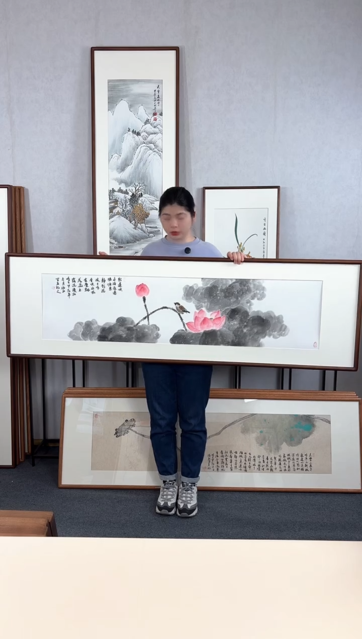 【闪购商品】国画手绘*荷花横幅*52*172cm实木框