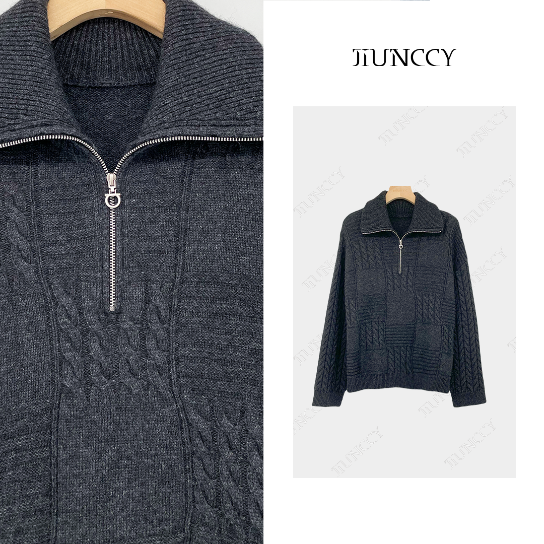 JIUNCCY【墨方】牦牛绒翻领绞花坑条立体方格半拉链针织毛衣42ZZ159