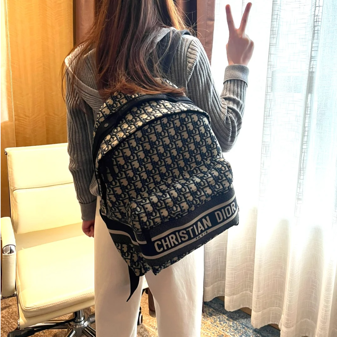 99新 DIOR/迪奥 尾款小花Jerry双肩包 大号 35 蓝色 帆布 黑扣