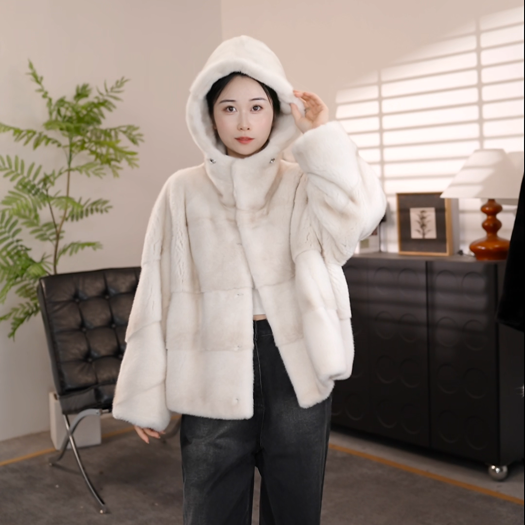 【华丽园】水貂进口薰衣草帕斯条紫连帽横排保暖时尚水貂皮草