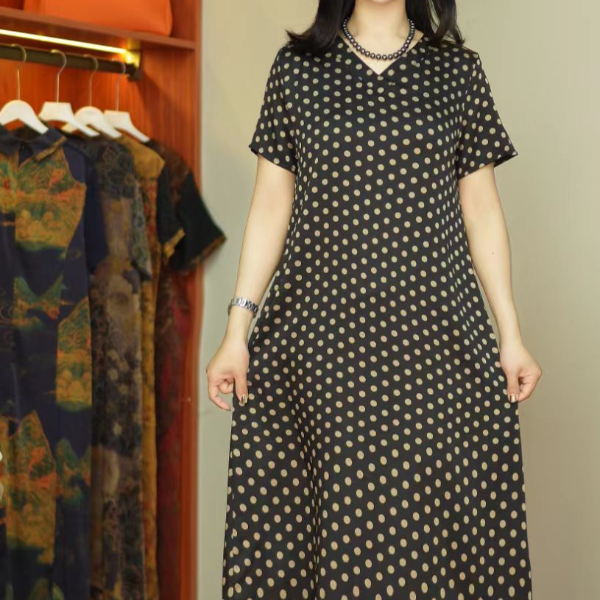 A10013[阿芝专属]小波点裙  气质中长款时尚连衣裙百搭遮肉裙子