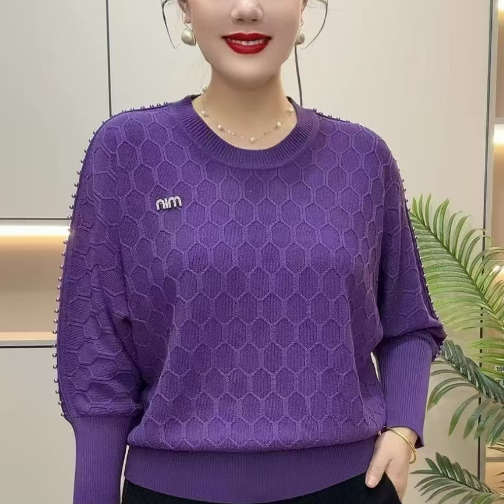 2025春季新款高级时尚肩珠针织衫女气质百搭中年妈妈宽松显瘦毛衣