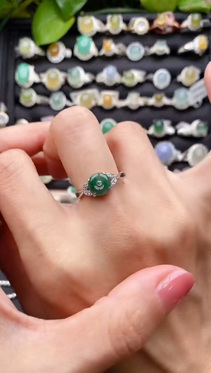 【闪购商品】翡翠戒指银S925镶嵌缅甸天然A货翡翠66  6-