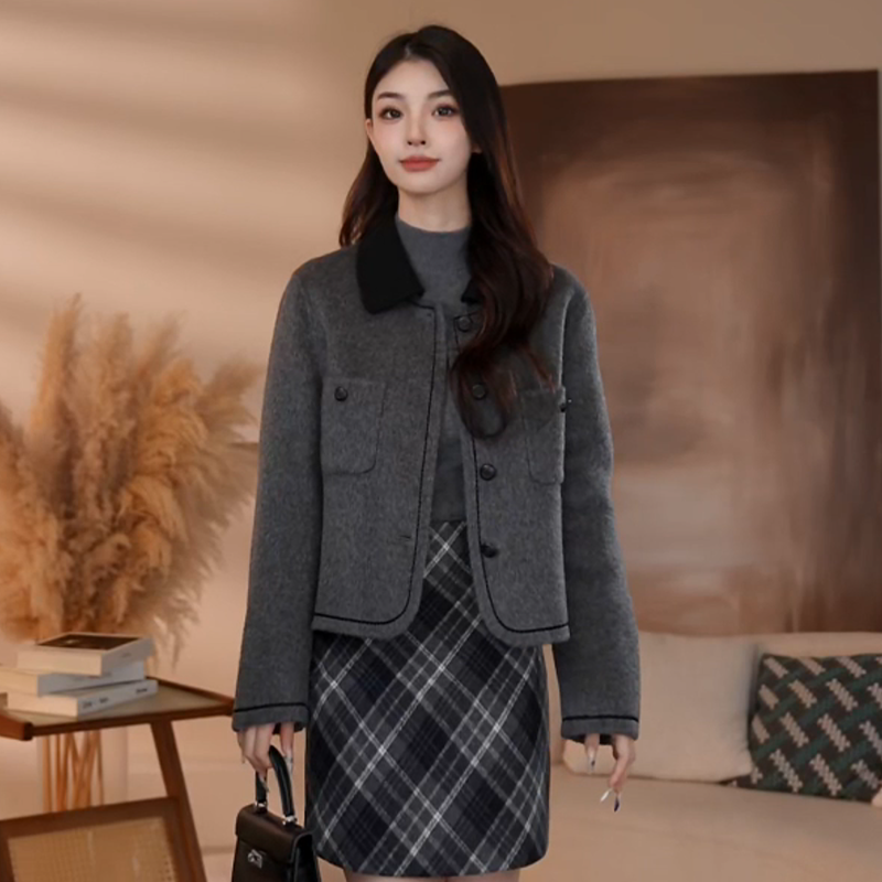 【曼贝】绵羊毛烟灰色8484016气质秋冬双面呢大衣高端时尚【珮珮冬】