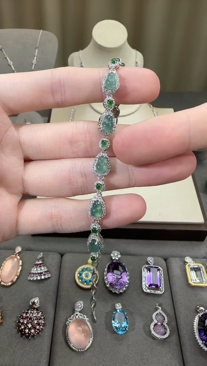 银S925镶嵌手链翡翠9*7mm葫芦手链高级款