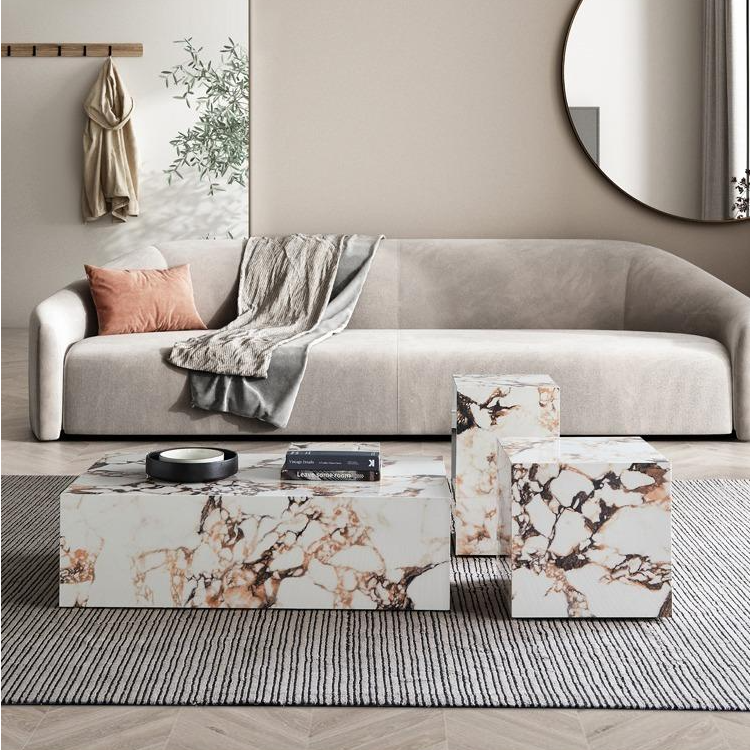 意式极简大理石茶几小户型客厅方形茶几组合轻奢奶油风边几家用