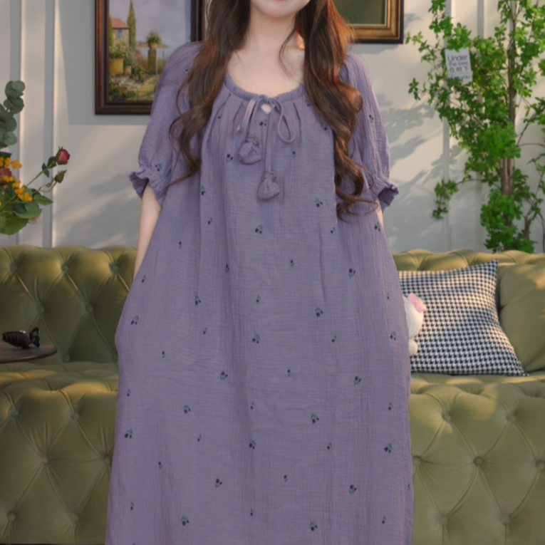 大码纯棉睡裙女款爆款2025新款卡通印花家居服短袖纱布休闲长裙夏