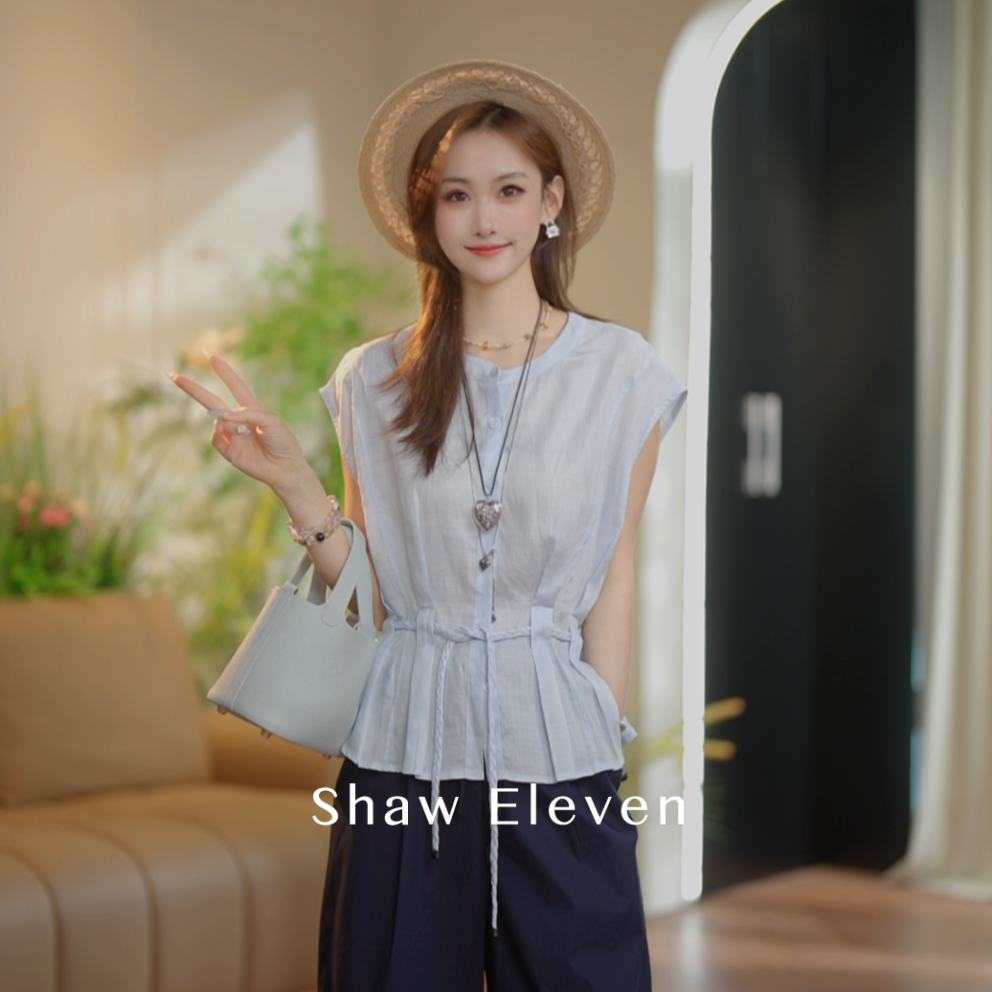 【Shaw Eleven】2025夏女装法式圆领褶皱设计收腰无袖上衣86020
