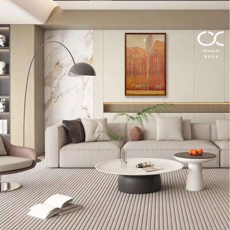 【秋月鹿影】客厅沙发背景墙法式中古风玄关高级艺术感氛围挂画