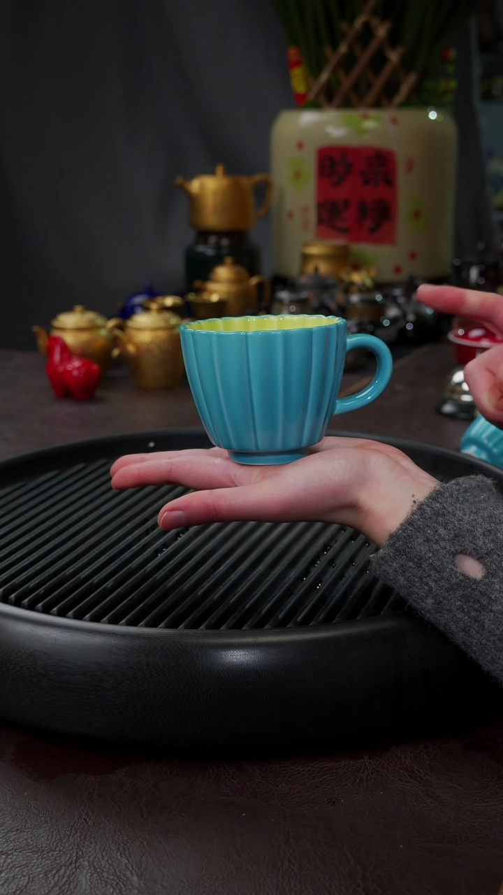 【闪购商品】杯【宜景窑松石蓝】筋纹撞色马克杯
