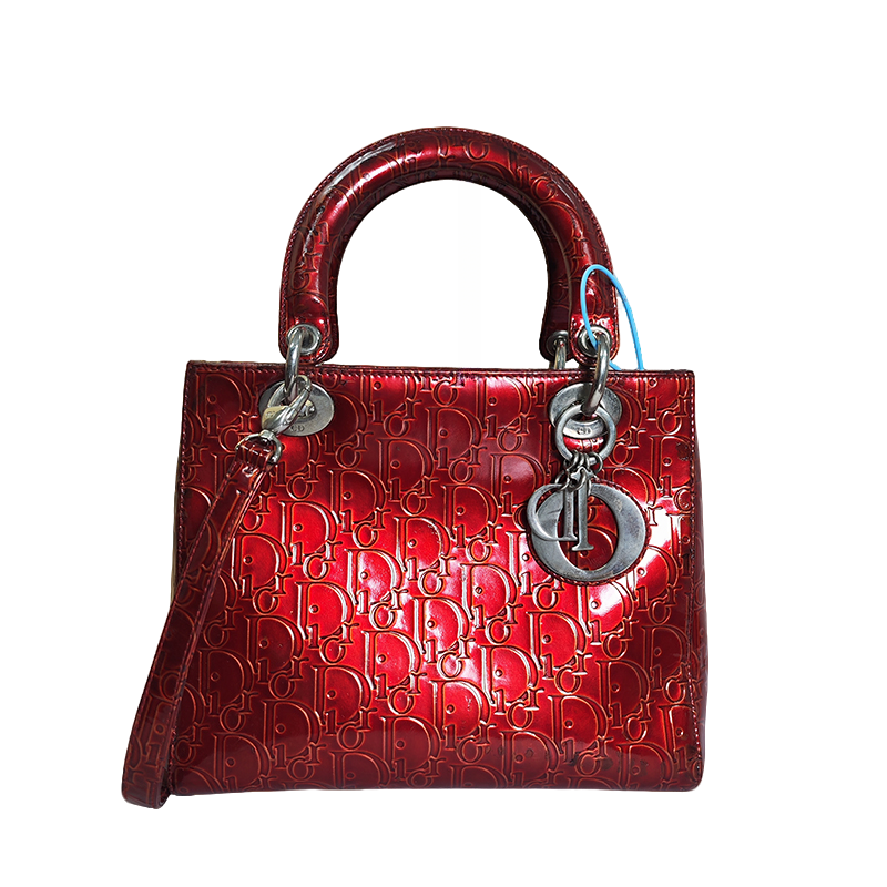 95新 DIOR/迪奥 戴妃包漆皮中古款酒红色单肩手提女包