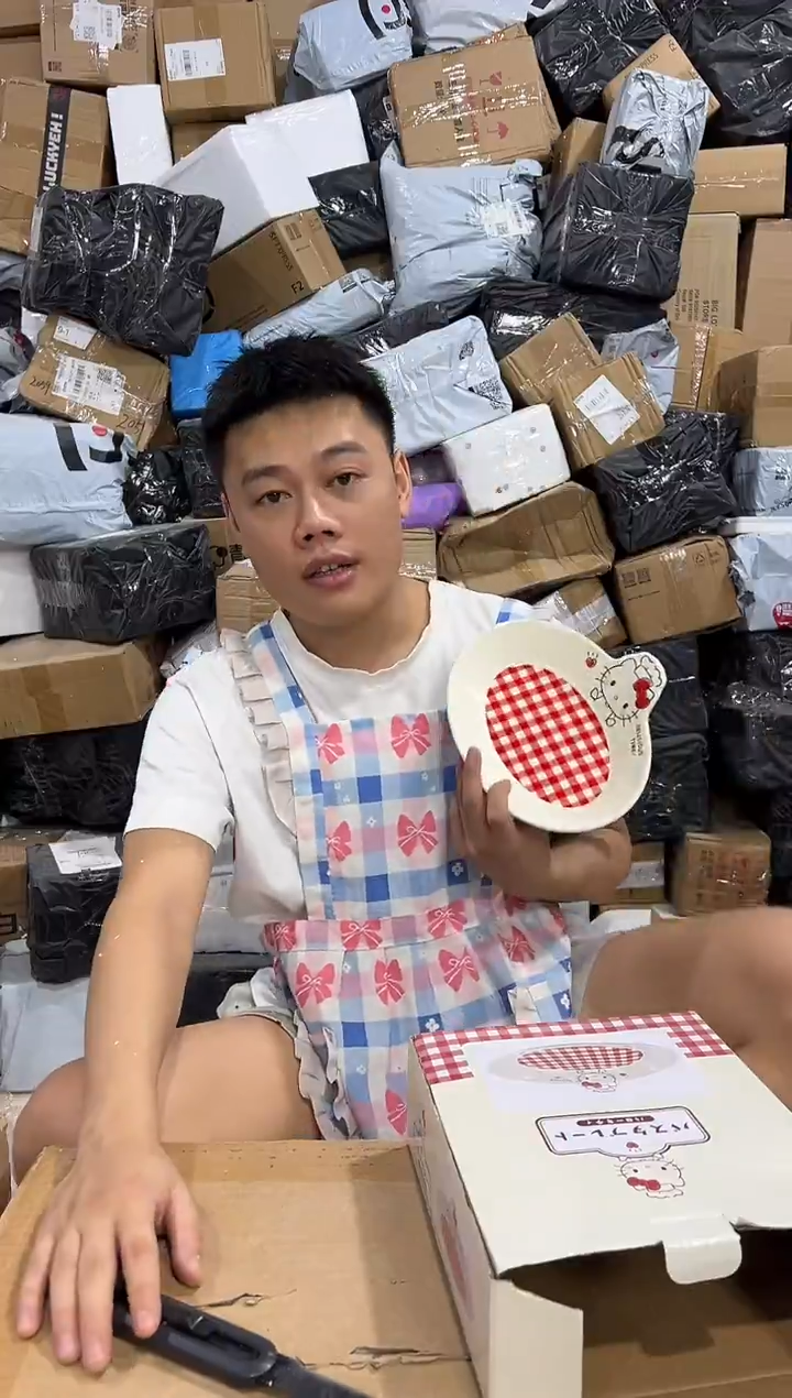 瓷片原盒kt猫红格子餐盘 微瑕