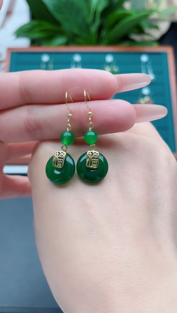 【闪购商品】玛瑙/玉髓耳饰银S925镀金镶嵌00福牌绿色