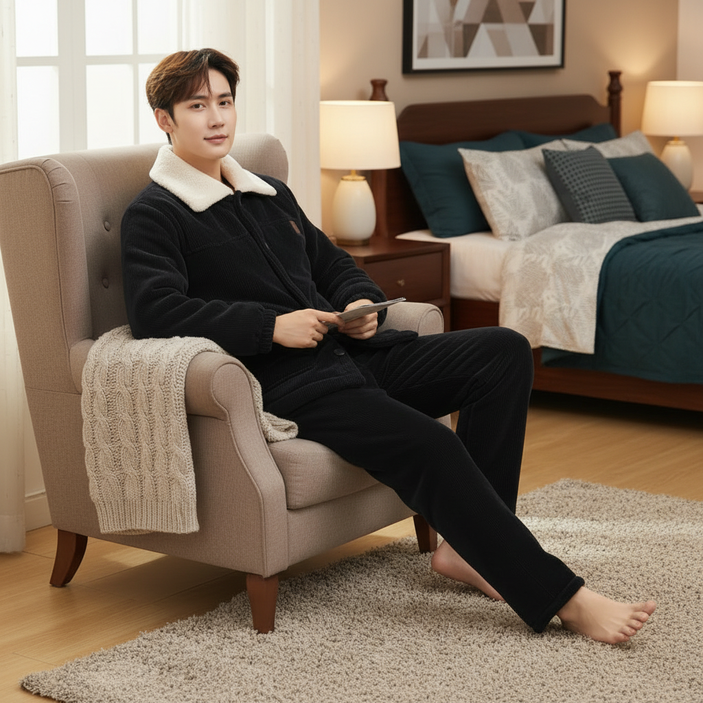 风向标冬季睡衣男士加绒加厚三层夹棉保暖雪尼尔加大家居服可外穿