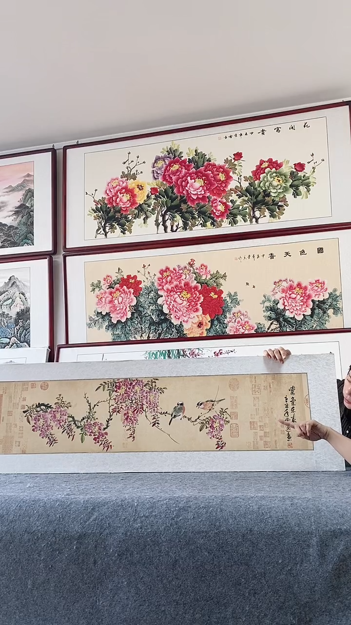 国画纯手绘国画牡丹165*50CM带框装饰字画