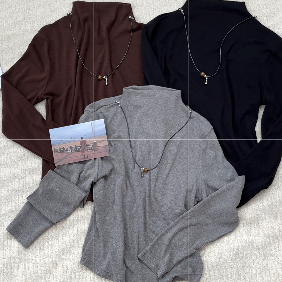 【半高领带项链显瘦打底衫】上衣打底25Q9037