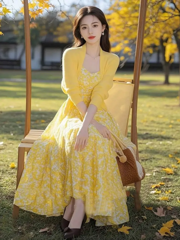 千语栀【云烟霞月】生而明媚—肆意盛放 温柔黄色碎花裙开衫裙子套装