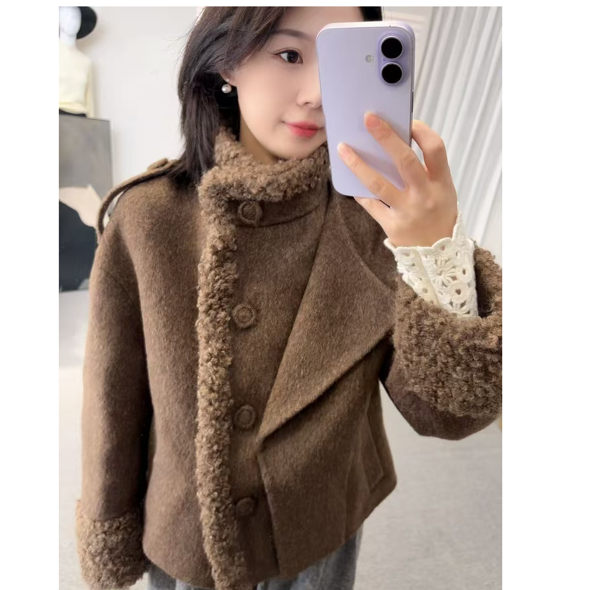 秀场款~立领拼接设计款短款羊羔毛外套XX85003