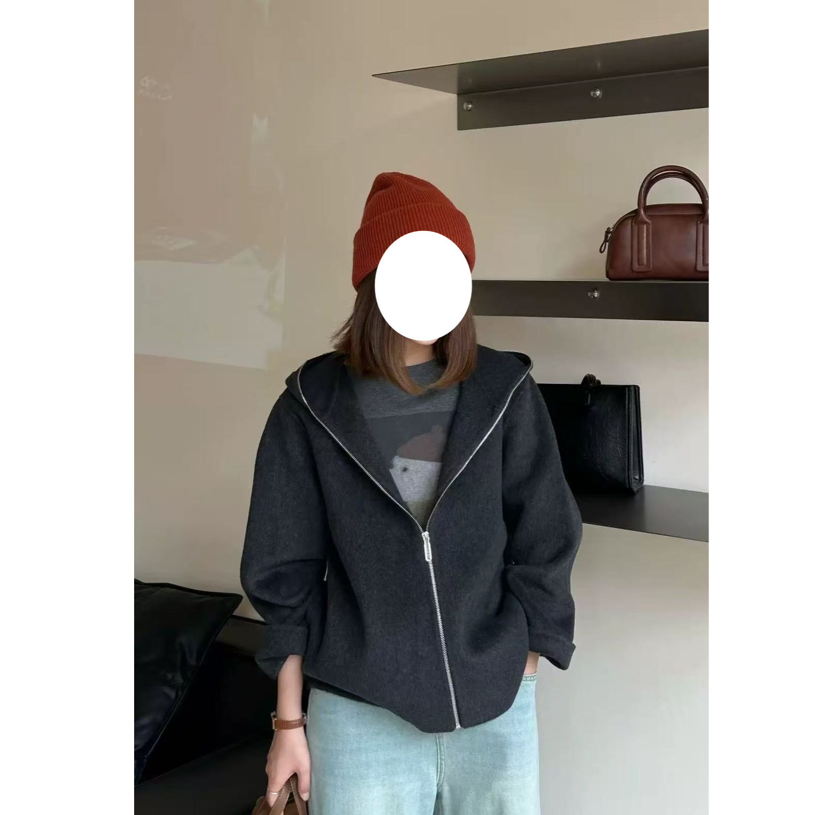 秋冬韩版简约宽松拉链连帽羊毛大衣7060