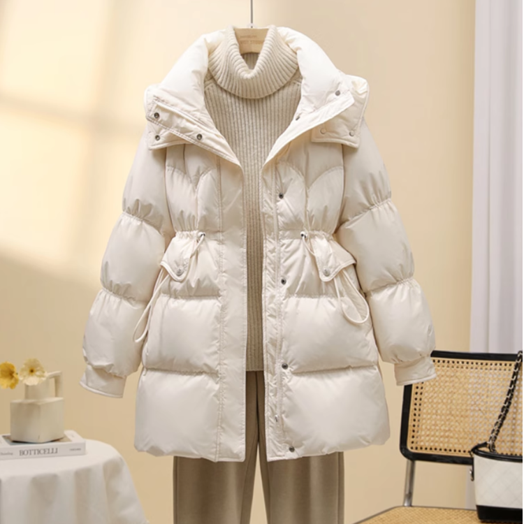2025冬新款羽绒服女中长款连帽抽绳收腰显瘦白鸭绒加厚保暖外套