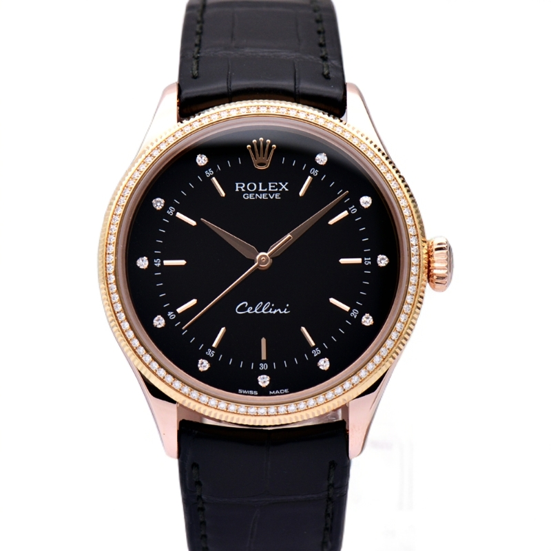 99新 Rolex/劳力士 切利尼50605黑盘玫瑰金原钻39mm自动机械男表