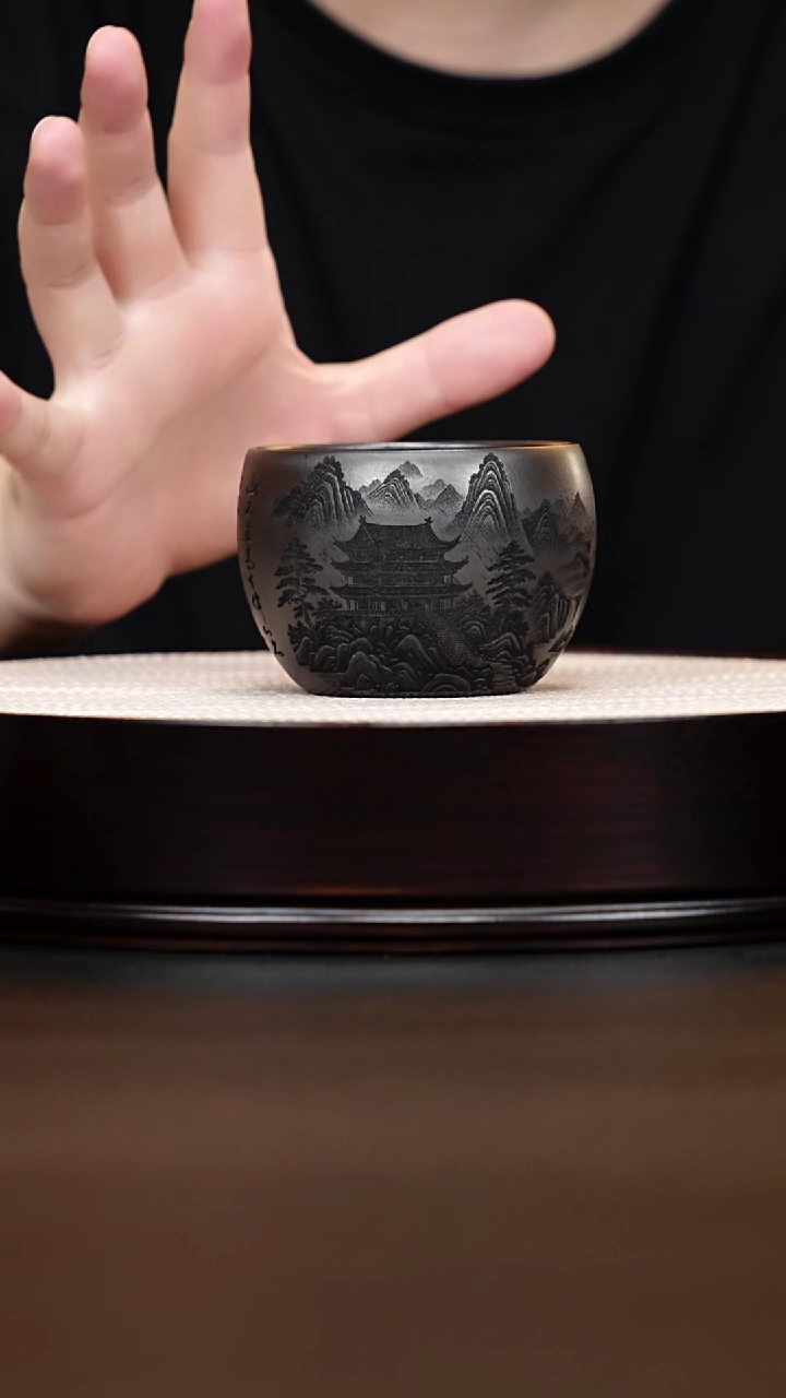 茶壶紫砂宜兴紫砂 百福缸杯刻绘陋室铭 石黄