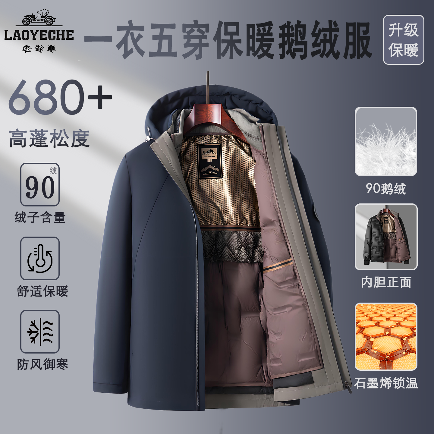 90鹅绒+羊毛兔毛一衣五穿两件套防风保暖帽子可脱中长款羽绒服